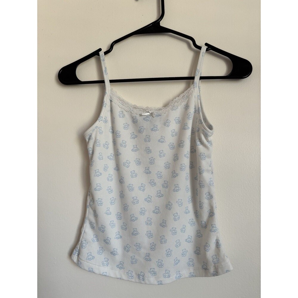 Just Polly Cami Tank Top Small S White Blue Ditsy Floral Lace Trim Ribbed Y2K